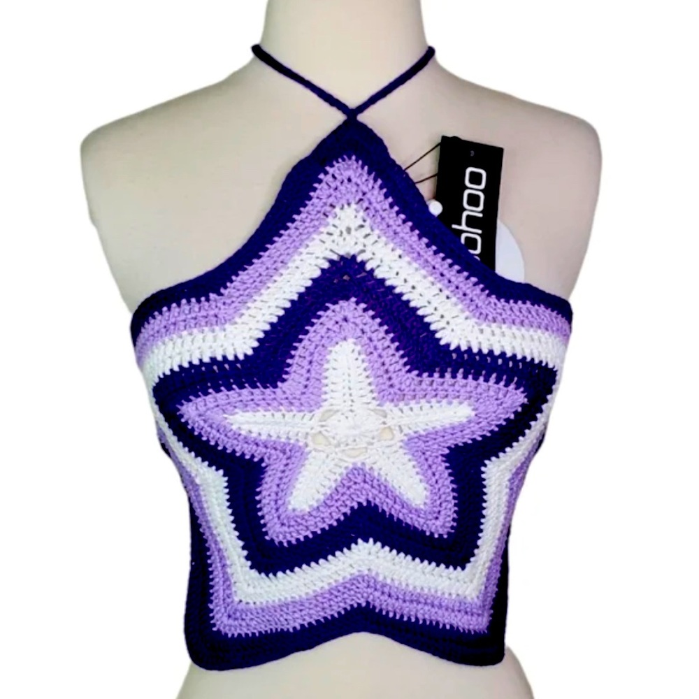 NWT Crochet Knit Purple Ombré Star Crop Top summer tank M bralette shirt